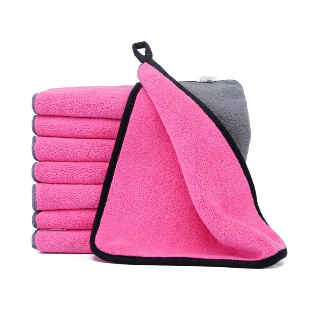 Pet absorbent bath towels for dogs and cats, double sided usable, pink and grey colour on each side with one hanging loop petvibez