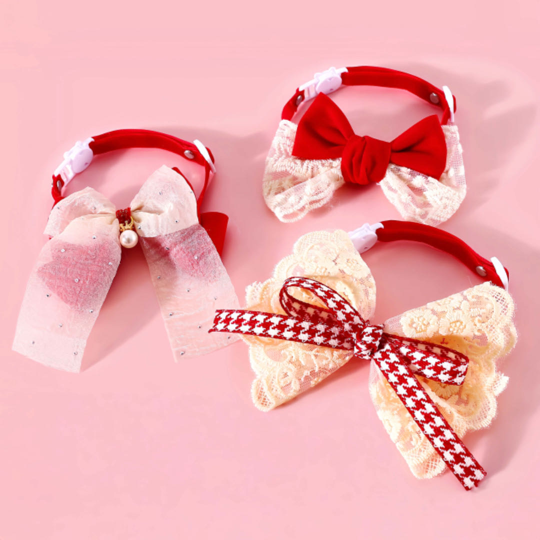 Lace Bow Velvet Pet Collar Red Colour petvibez