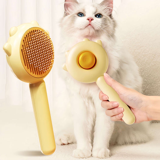 One Touch Button Pet Cat Brush Yellow Colour petvibez