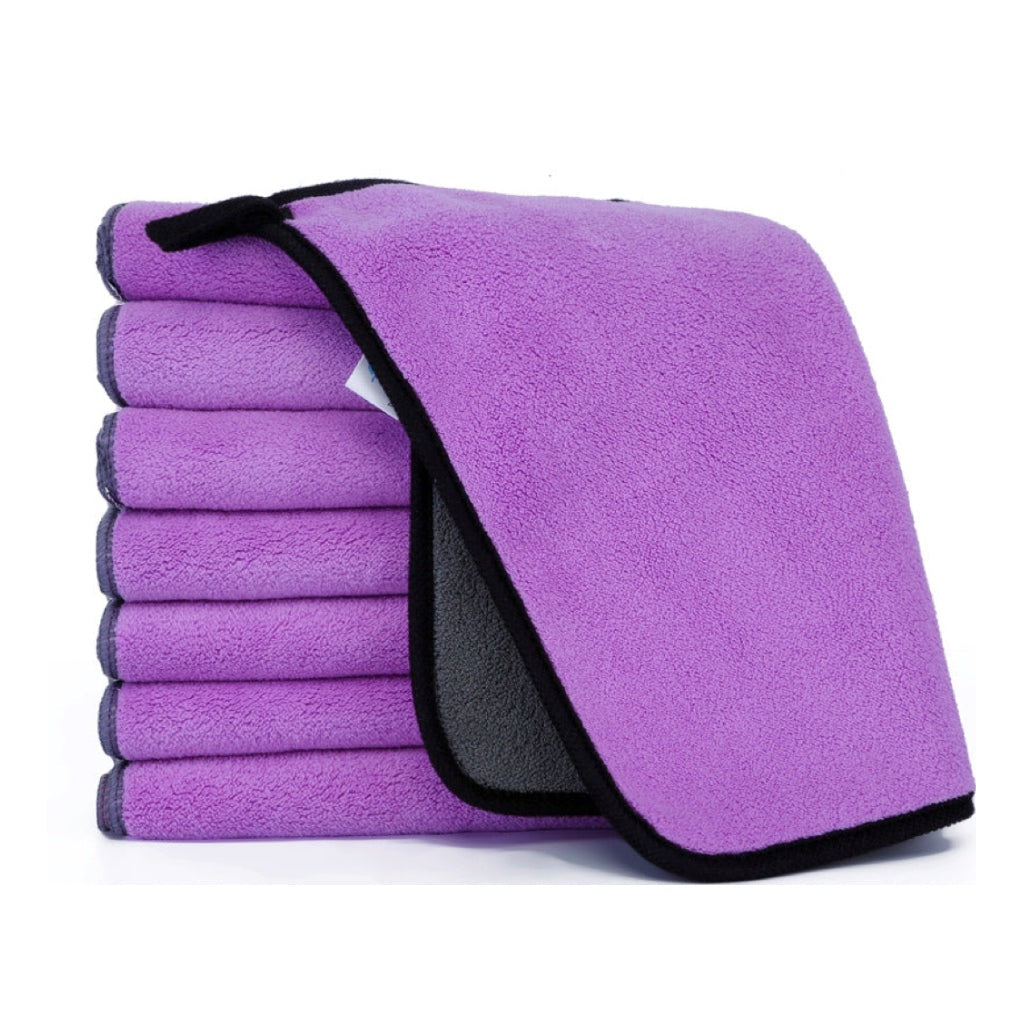 Pet absorbent bath towel for dog and cat, double sided usable, purple and grey colour on each side with hanging loop petvibez