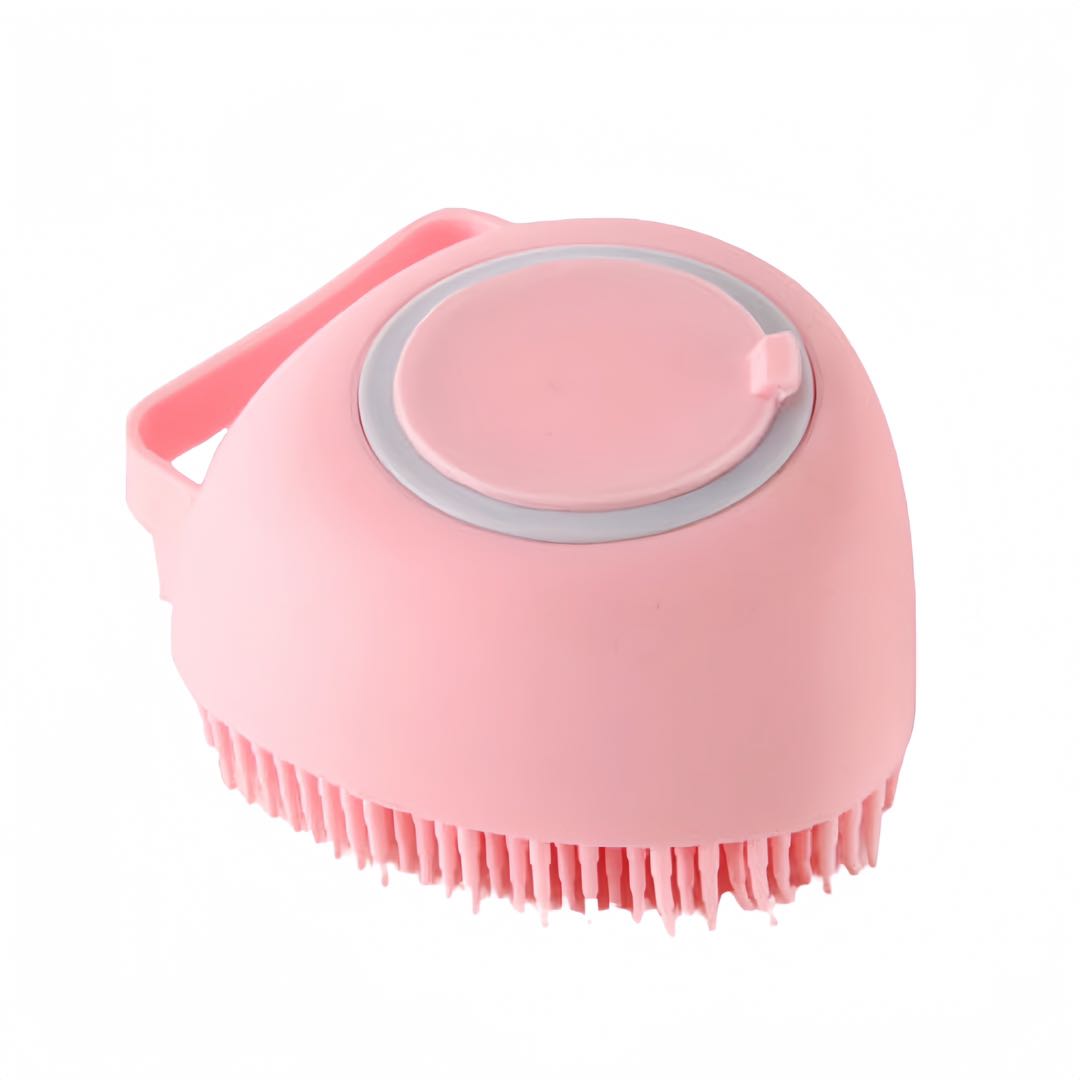 A pink heart shaped soft silicon pet bathing brush top and bottom petvibez