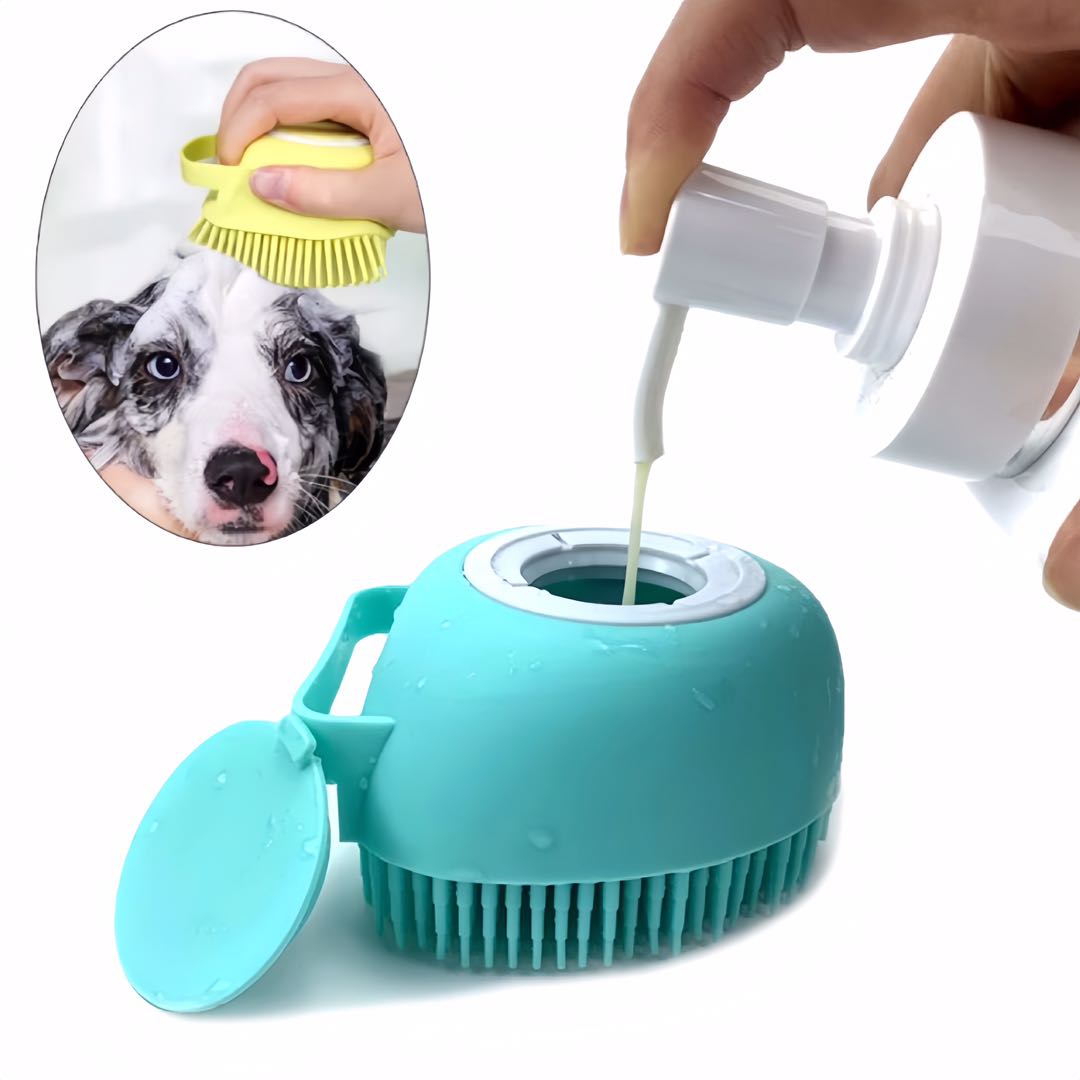 Add shampoo into a blue silicon pet bathing brush petvibez