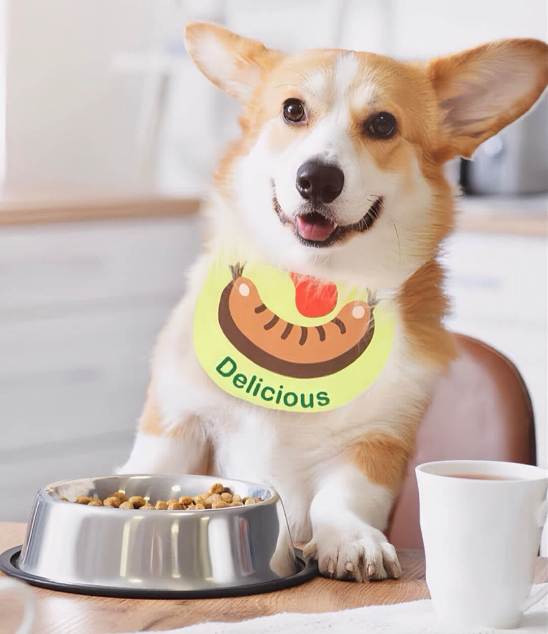 A corgi dog with an adjustable dog drool bib sitting on the floor 