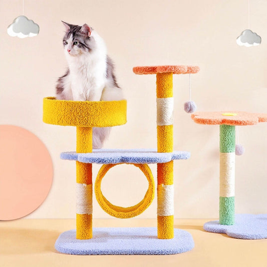 A cat is siting on a jumping platform of a colourful cat climbing frame with scratching posts