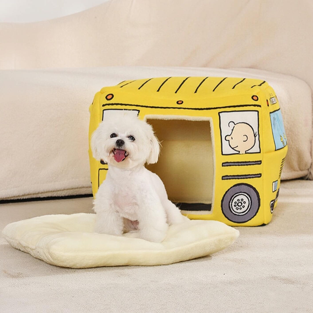 3d Cartoon Bus Dog House Bed Yellow Colour Removable Design petvibez