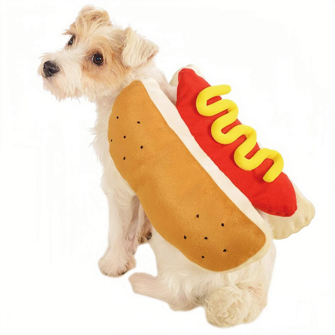 A dog wears a hot dog styled pet costume petvibez