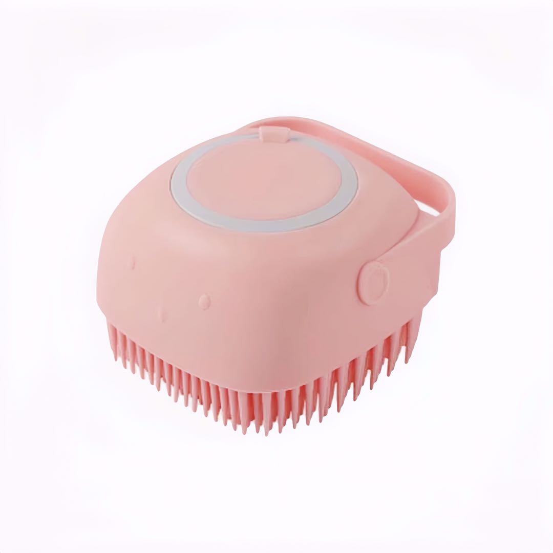 A pink square shaped soft silicon pet bathing brush top and bottom petvibez