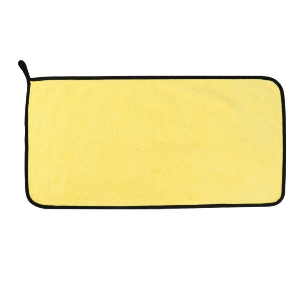 Yellow rectangular pet towel with black edging and a hanging loop yellow petvibez