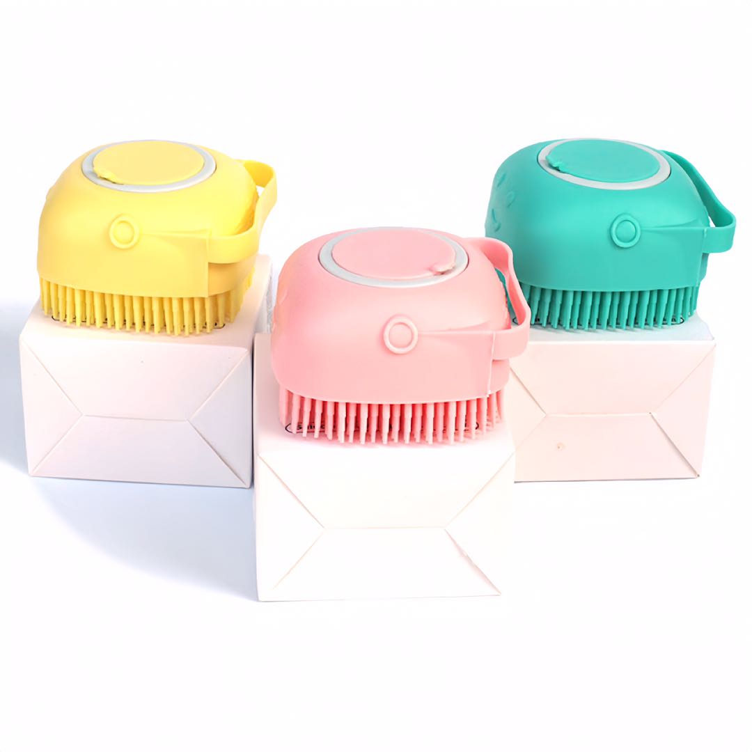 Three soft silicon pet bathing brush 2 in 1 yellow, pink, green top and bottom petvibez