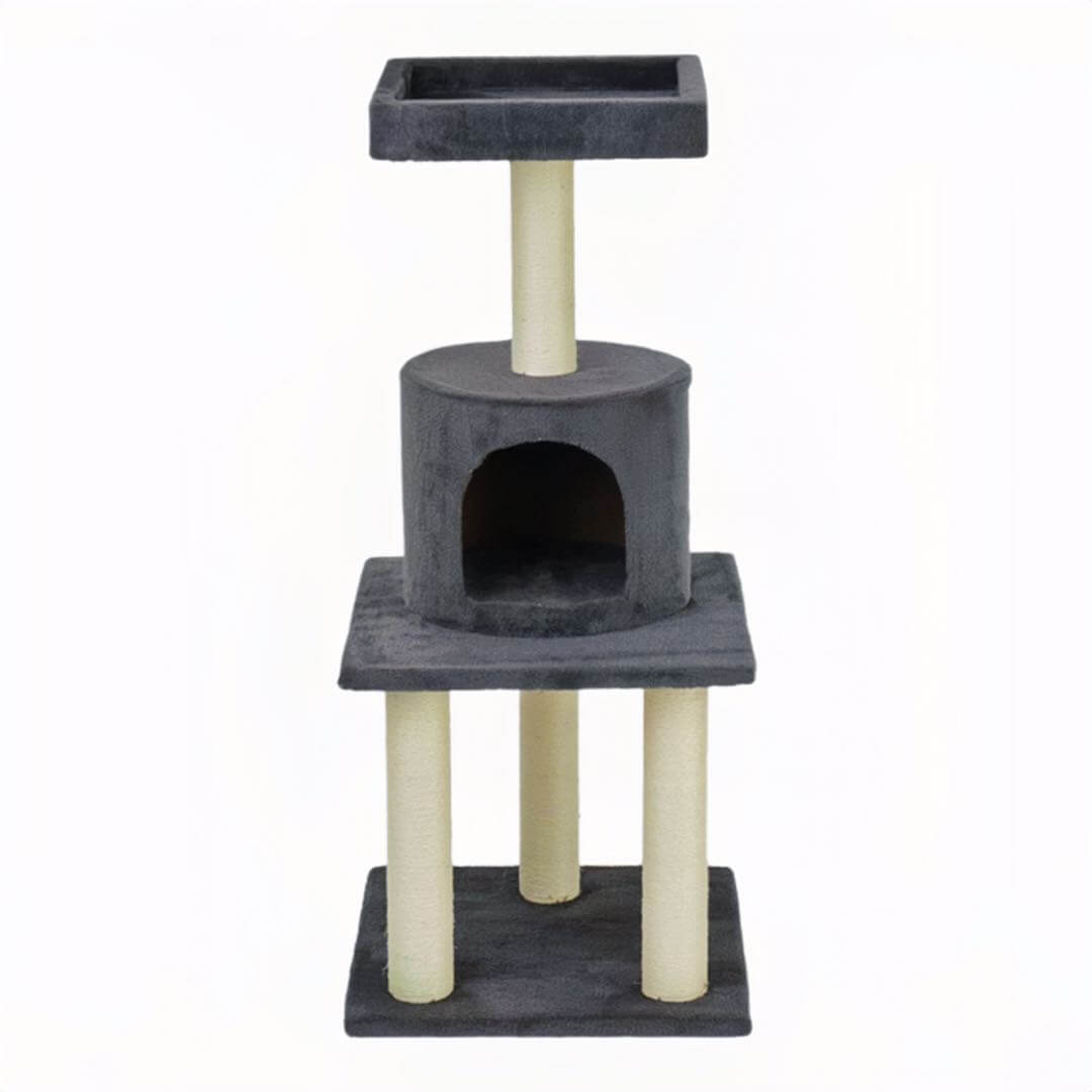 grey colour cat climbing tree with scratching posts petvibez