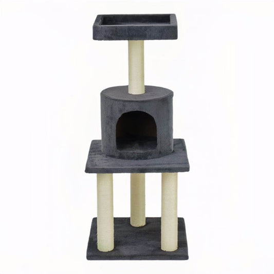 grey colour cat climbing tree with scratching posts petvibez