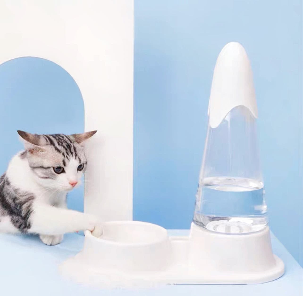 A Cat Is Drinking From An White Automatic Pet Water Dispenser Fountain