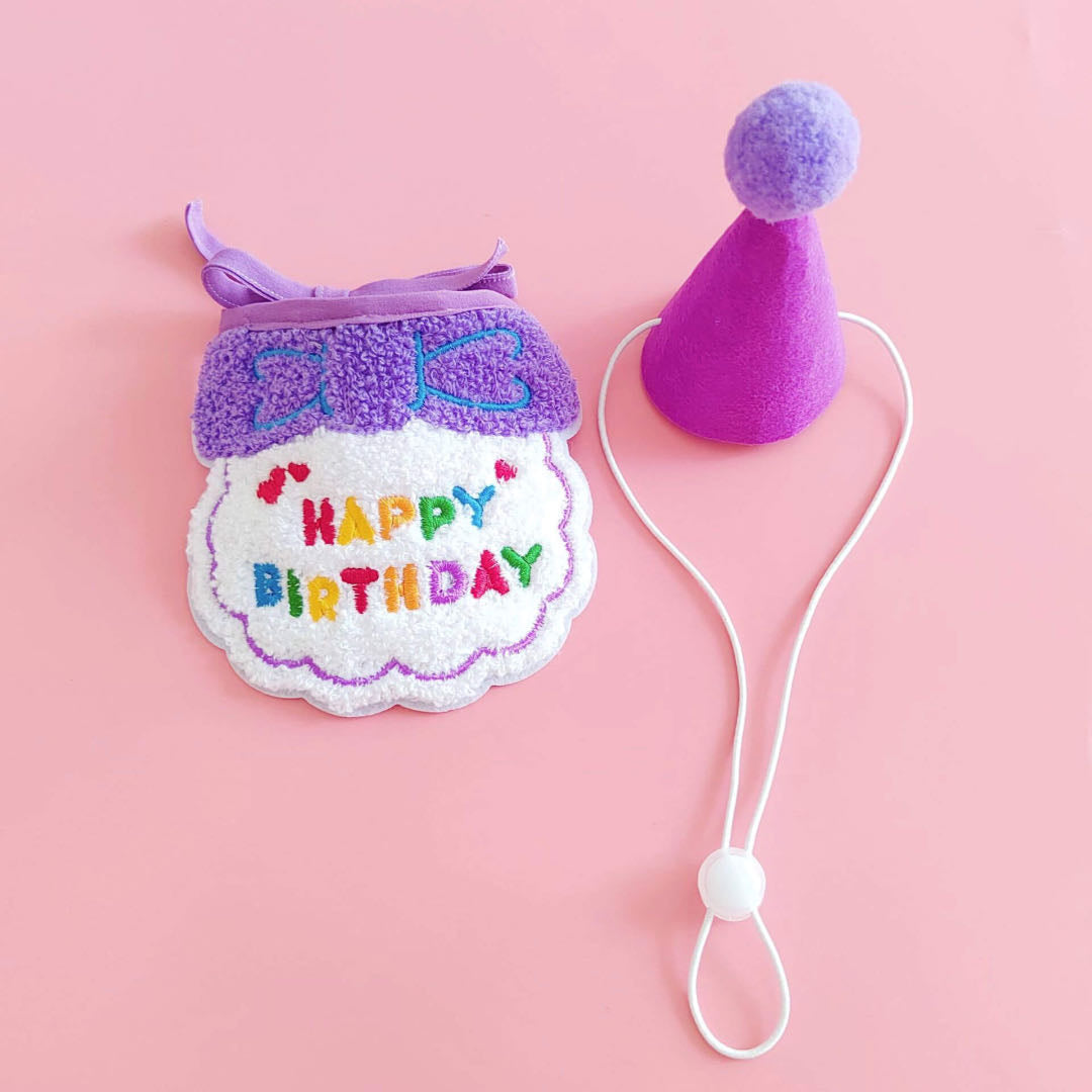 A Purple Colour Birthday Party Hat And Pet Bib Set