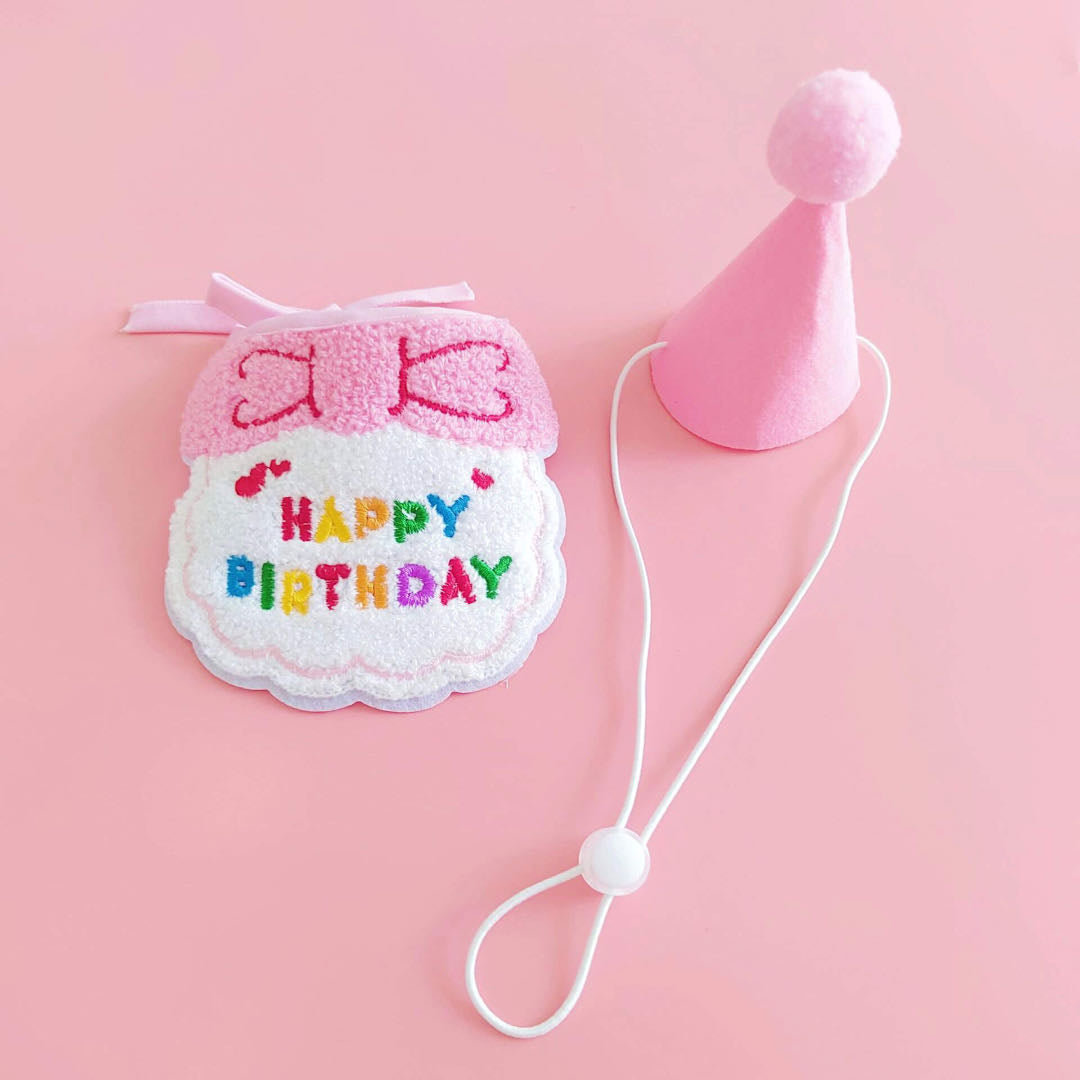 A Pink Colour Birthday Party Hat And Pet Bib Set