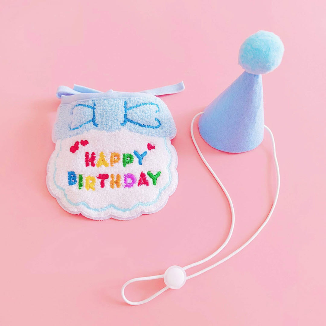 A Light Blue Colour Birthday Party Hat And Pet Bib Set