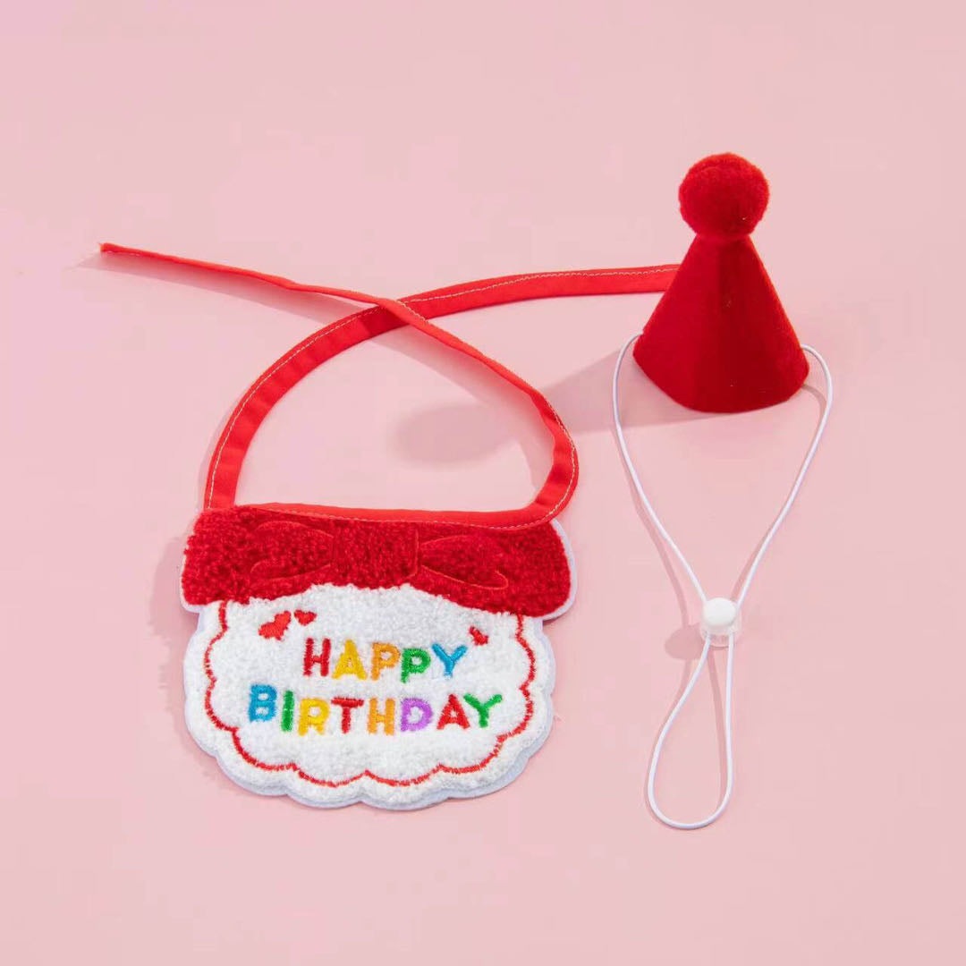 A Red Colour  Birthday Party Hat And Pet Bib Set