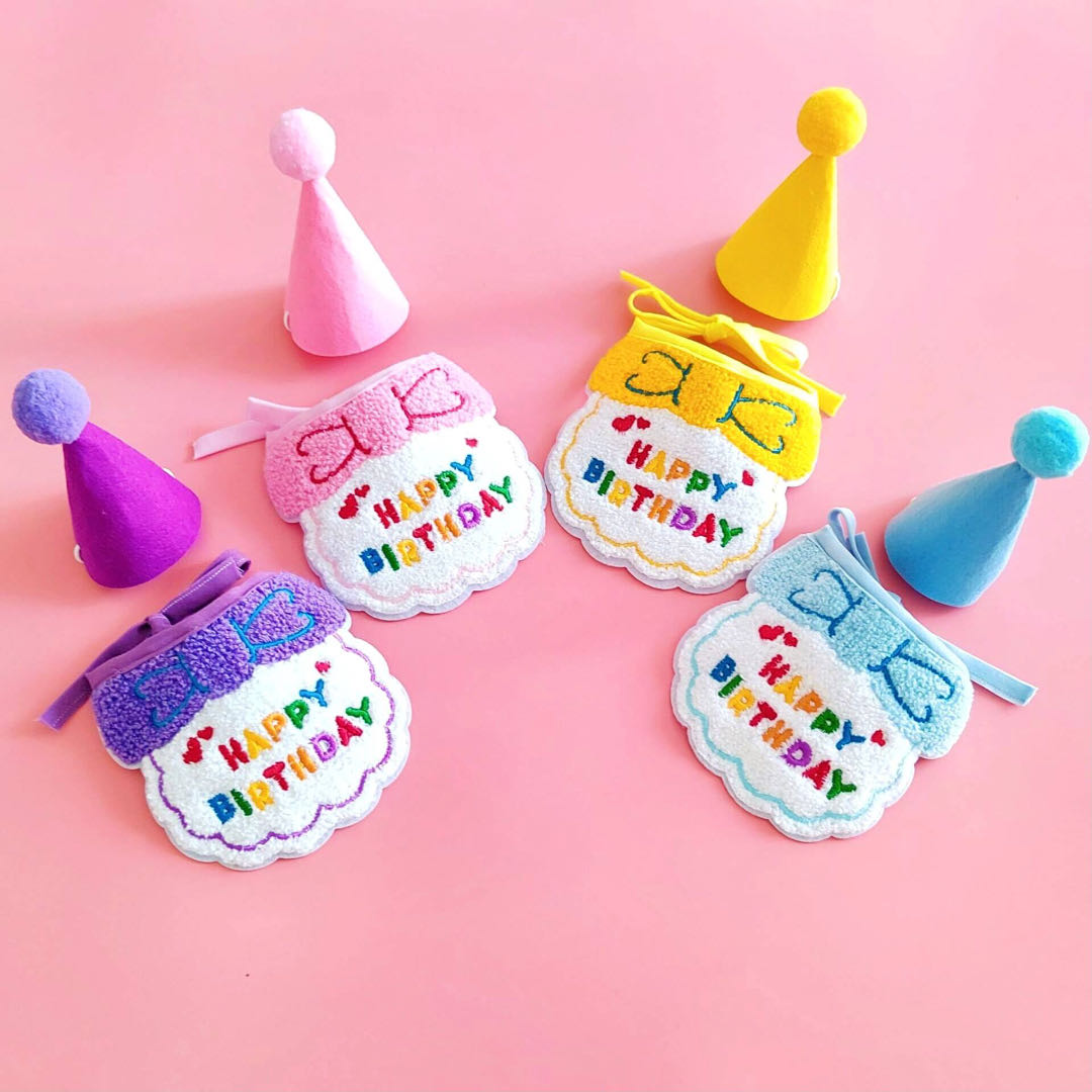 Four Colourful Birthday Party Hat And Pet Bib Set 