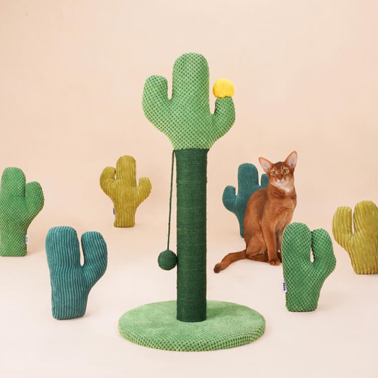  a green colour cactus shaped sisal scratching post with a hanging fun ball