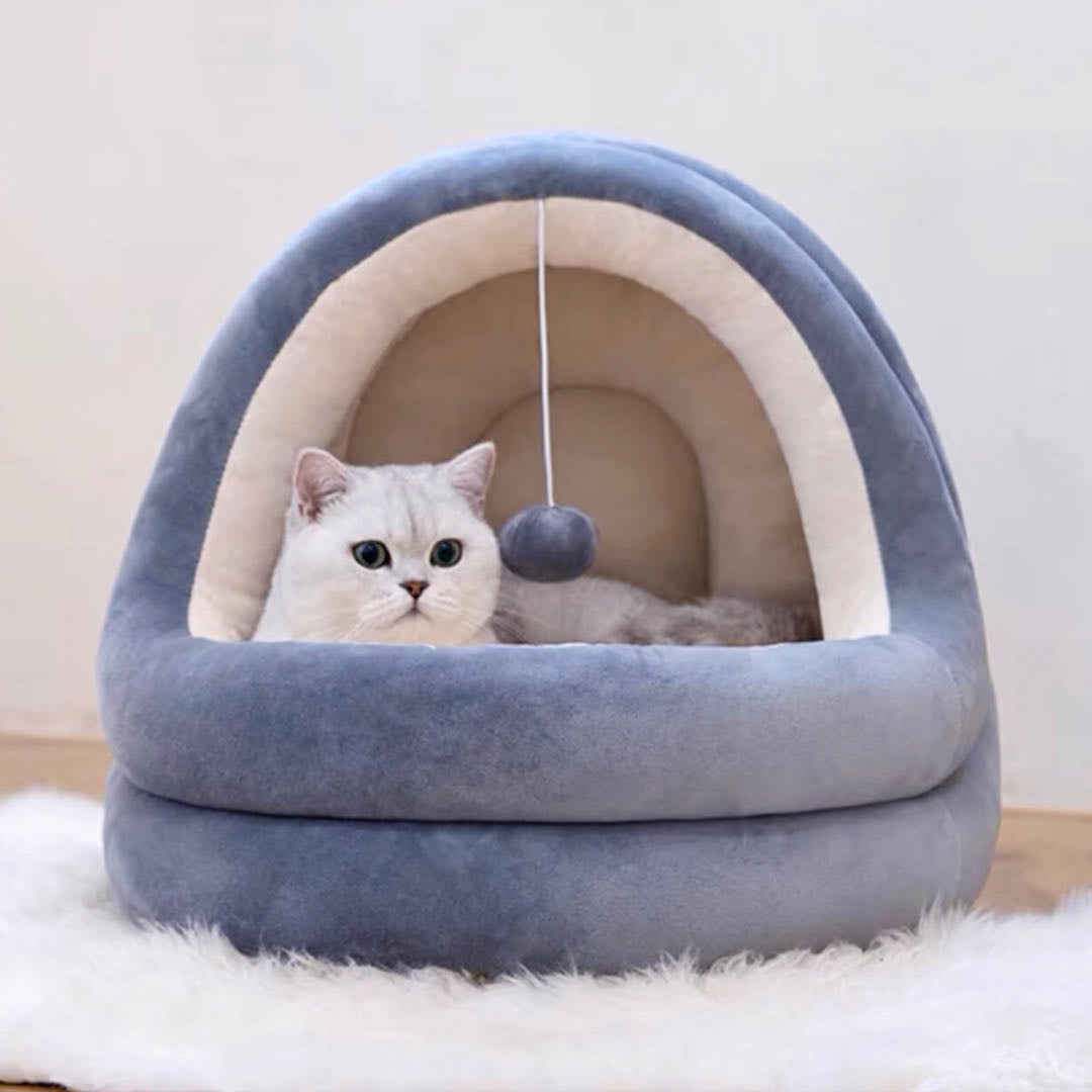 A Small White In A Gray Colour Semi Enclosed Cat House 