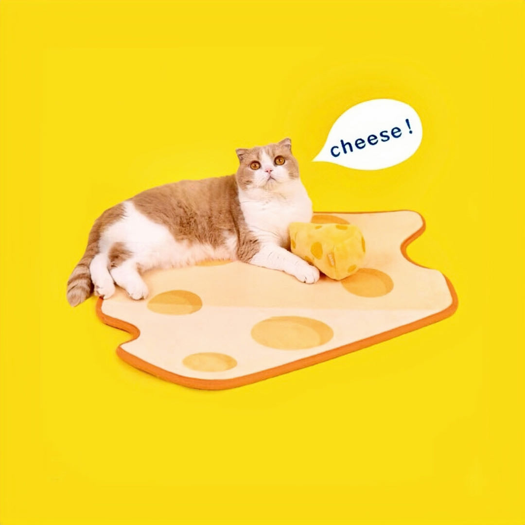 A Cat Lying On A Cheesecake Shaped Pet Sleeping Mat