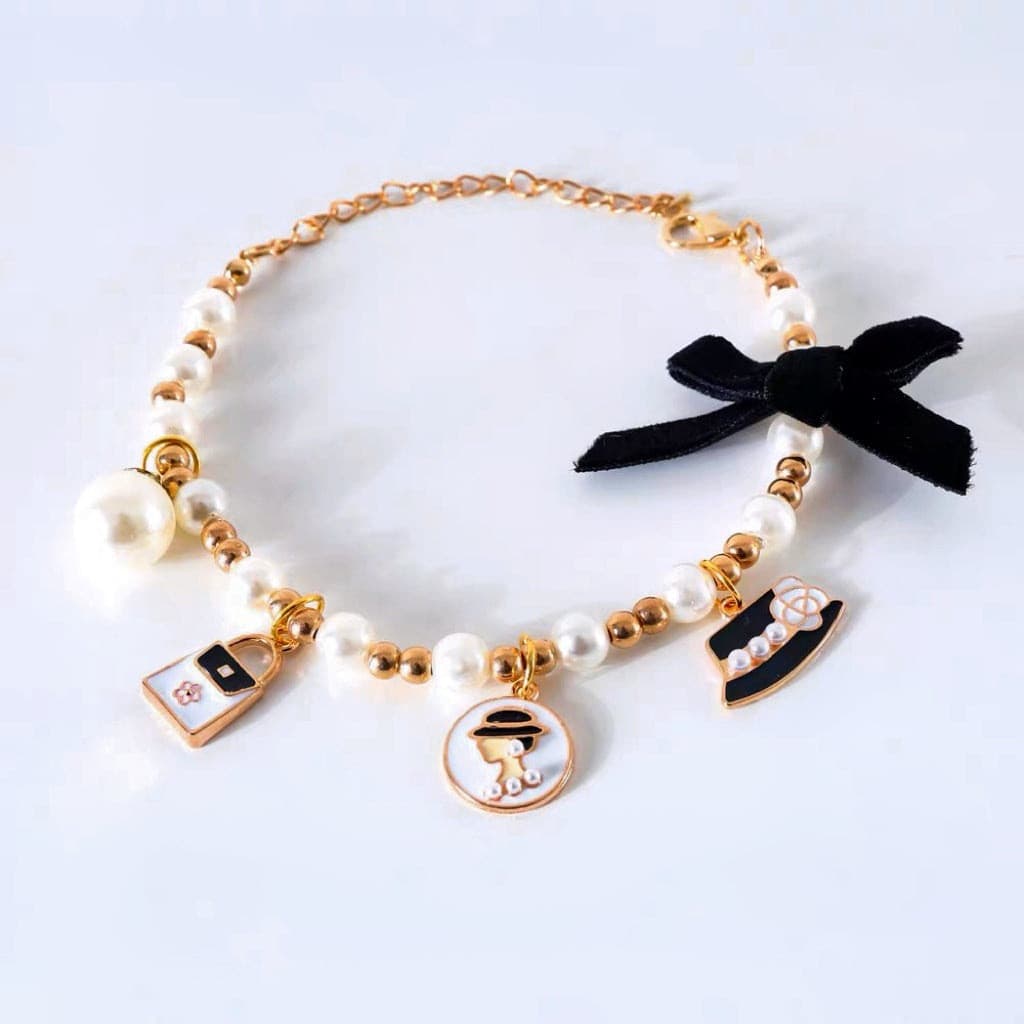 Cute Adjustable Pet Collar Cat Necklace Black Pearl Bag Style petvibez