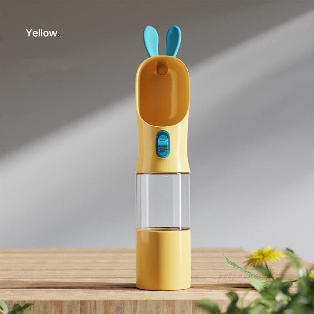 a yellow colour U-shaped spout dog water and food bottle