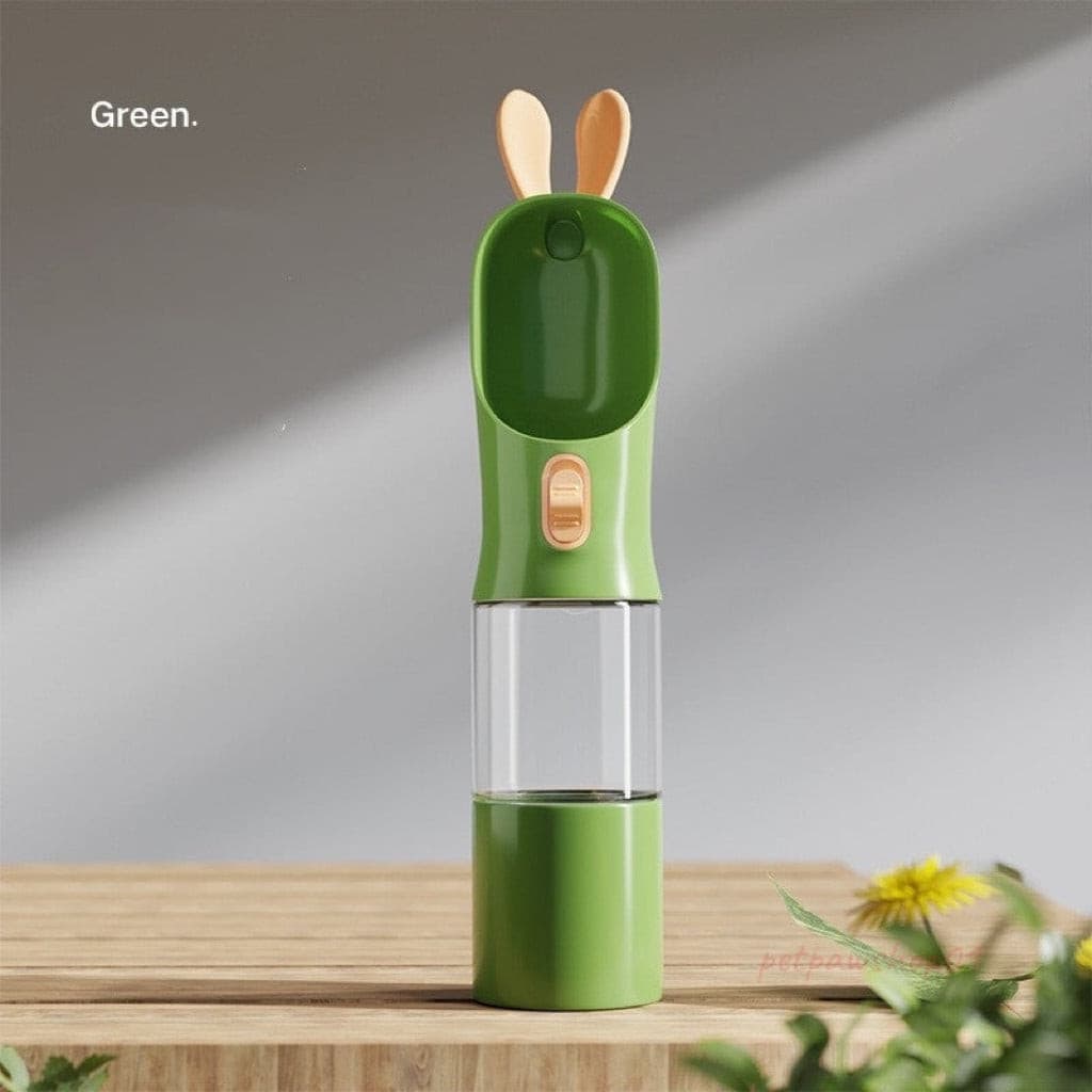 a green colour U-shaped spout dog water and food bottle