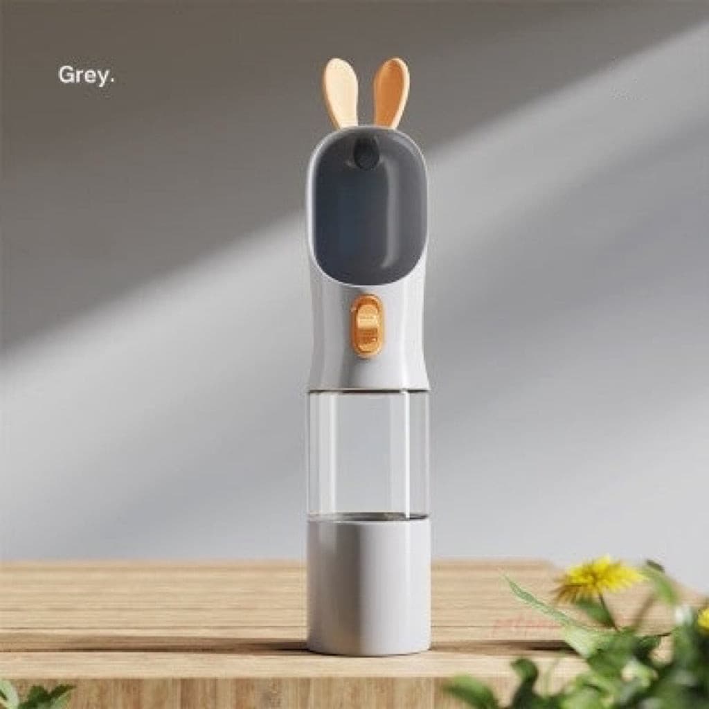 a grey colour U-shaped spout dog water and food bottle