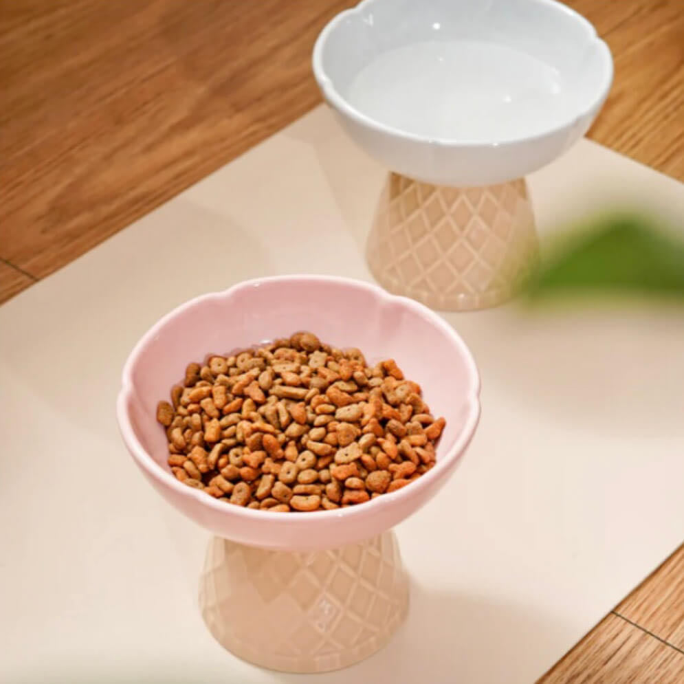 A White Colour Ceramic Pet Bowl With Ice Cream Cone Base And Round Bowl For Food And Water