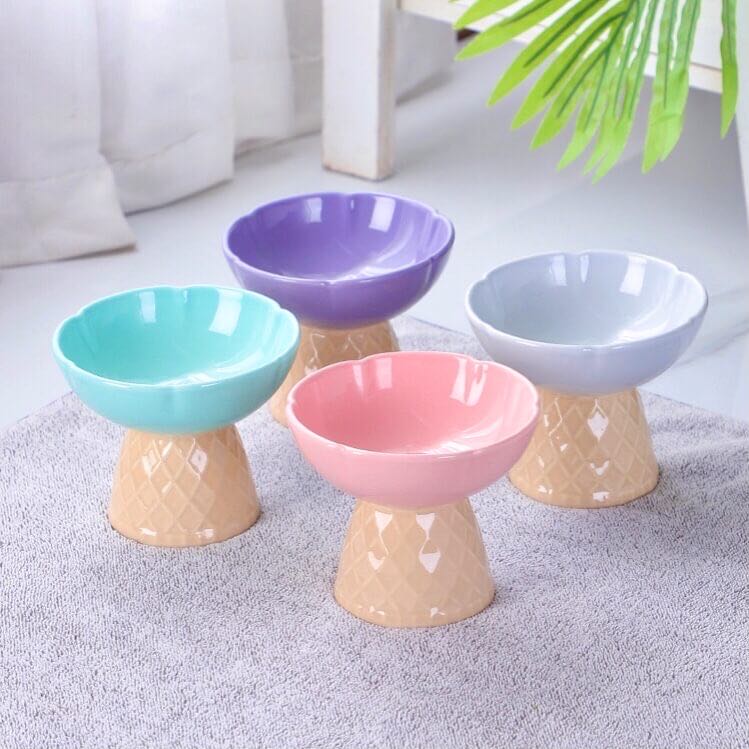 Ceramic Pet Bowl With Ice Cream Cone Base And Round Bowl