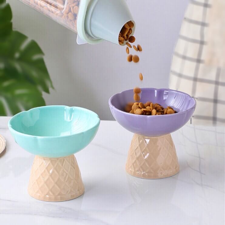 Two Ceramic Pet Bowls With Ice Cream Cone Base And Round Bowl