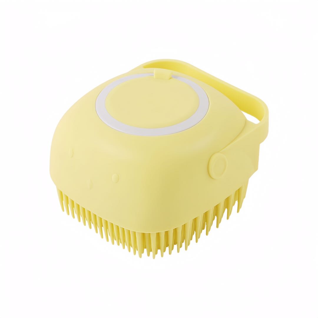 A yellow square shaped soft silicon pet bathing brush top and bottom petvibez